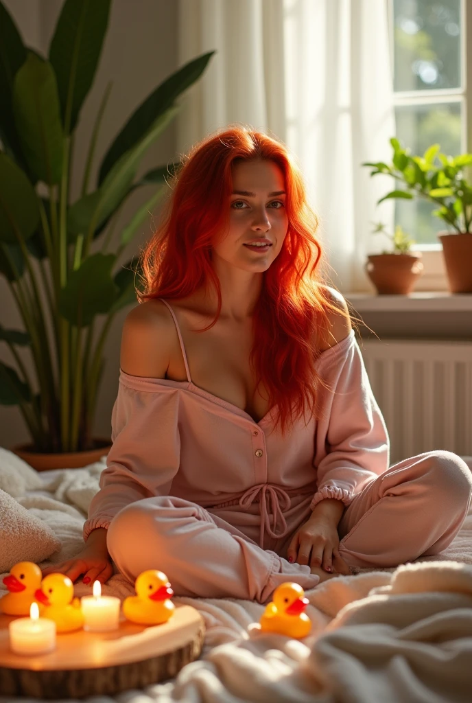 (photorealism:1.2), beautiful woman, sitting on bed, wearing loose off-shoulder top, pajama pants, red hair, indoors, soft lighting, plants in background, window with sunlight, cozy room, relaxed pose, realistic, intricate details, warm colors.
Five Ducks toys for water in scene, candles, red nails, red clothes, red lips, piercings, green eyes, red cup, red intrincate details, 4k, 50mm lens, smoke red. Neon lights red