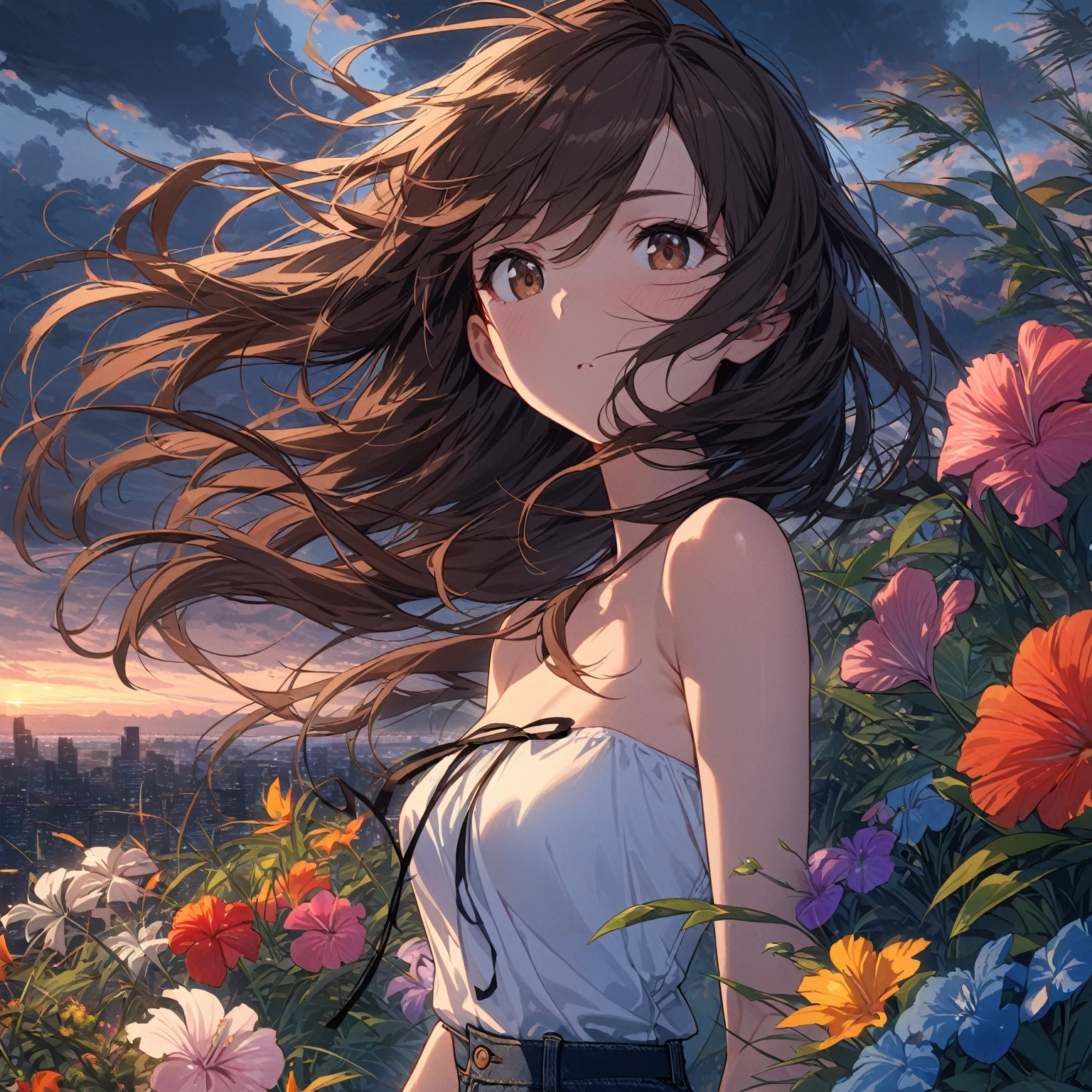 Best quality, masterpiece, close up, from above, colorful flowers, tropical plants, weeds, windy, hair blowing in wind, very long hair, brown hair, swept bangs, brown eyes, strapless white shirt with black string, jeans, sneakers, toned arms, small breasts, dusk, city in distance, dark thunder head clouds,