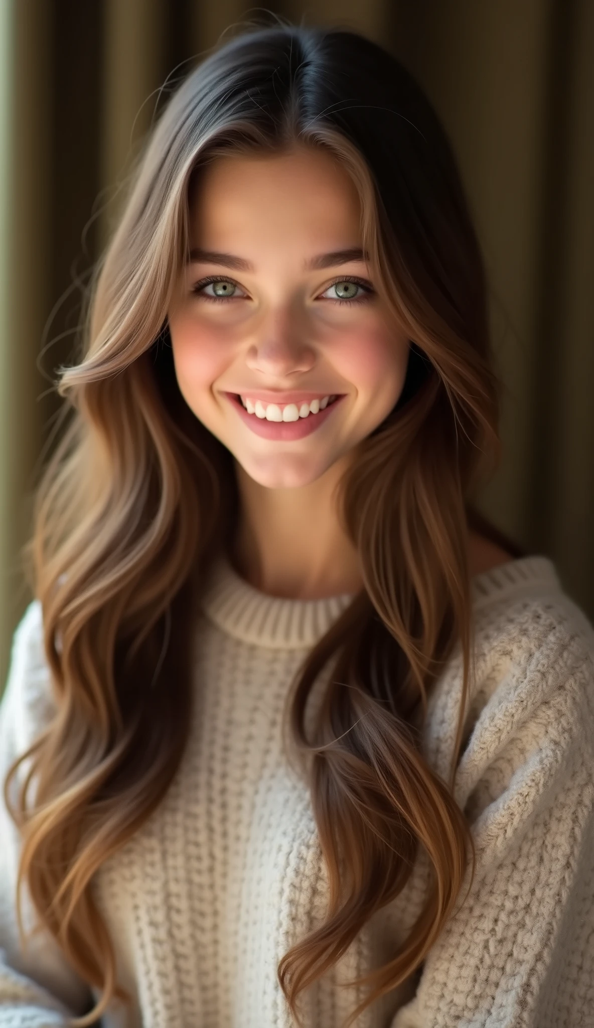 A stunning masterpiece of a high-res portrait of a beautifully detailed girl with long, shiny brown hair and mesmerizing green eyes, wearing a cozy sweater and flashing a gorgeous smile that accentuates her small yet perfectly-formed breasts.