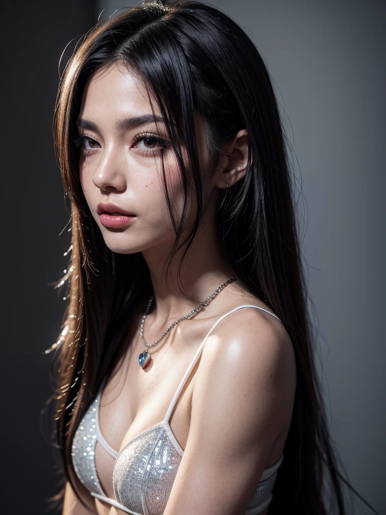 1girl, alone, solitary, high quality, (best quality,4k,8k,highres,masterpiece:1.2),ultra-detailed,(realistic,photorealistic,photo-realistic:1.37),gorgeous hair,black hair,long hair,sharp eyes,plump lips,jewelry,(high detailed skin:1.4),(rim lighting:1.3),(lit:1.3),(sunny day:1.3),portrait,beautiful lips,waist-length hair,seductive gaze,moles,casual clothes,colorful clothing,close up,super long hair,necklace,dark eyes,jet black hair,darkhair,dark black hair,black,nude lipstick,round lips,round pouty lips,pouty lips,douyin makeup,sparkly makeup,glitter,prominent cheekbones, long hair that reaches the waist,face close up,monolid,monolids,black irises,black eyes,korean,smile,small smile,apple cheeks,round prominent cheekbones,pretty cheekbones,perfect body,heart shaped lips,high waist shorts,spaghetti strap tank top,toned abs,muscular thighs,slim waist,round breasts,long lashes,thick lips,full lips,20 years old.