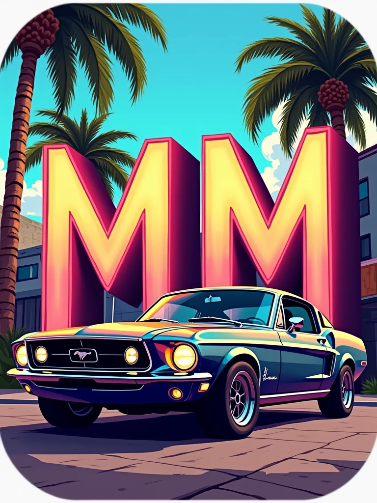 AppIcon logo for game name metalic text MM in Miami city gangster, ford mustang, day time Florida , gta6 style cool