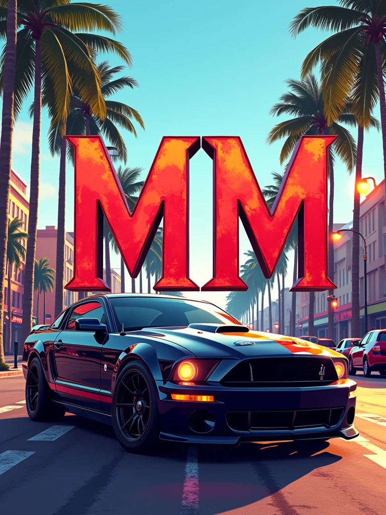 AppIcon logo for game name metalic text MM in Miami city gangster, ford mustang, day time Florida , gta6 style cool