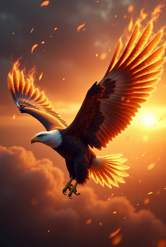 Photorealism eagle wings spread with fire