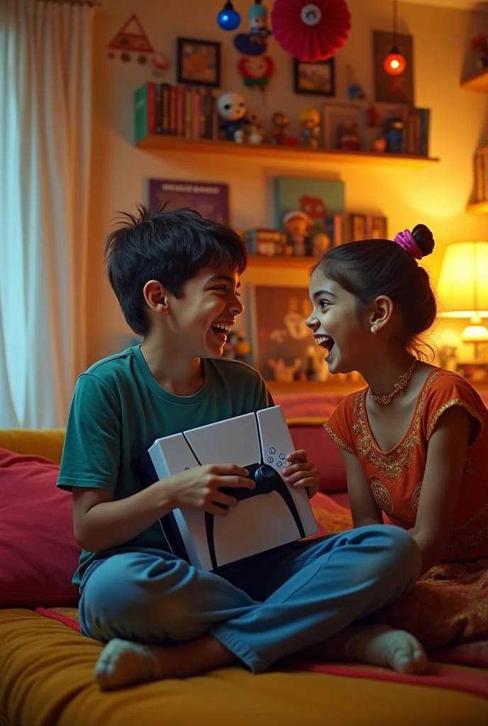 A joyful scene where a brother is surprising his sister with a PS5, surrounded by gaming memorabilia and festive Rakshabandhan decorations, all set in a cozy, well-lit gaming room.
