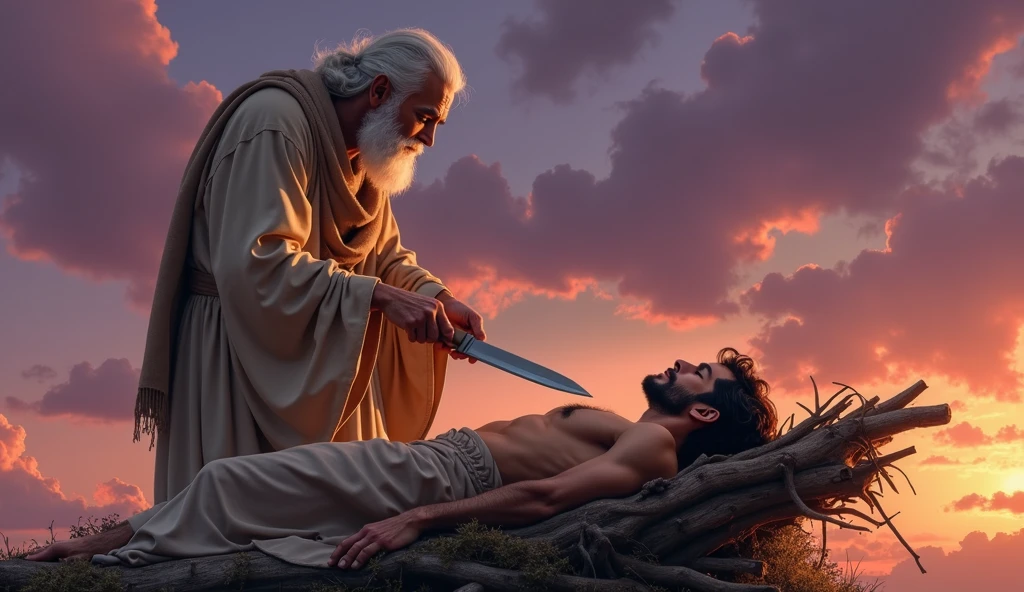 "Create a digital artwork inspired by the scene of Abraham about to sacrifice his son Isaac. In this image, Isaac, a young man with a muscular build, lies on a wooden altar covered with sticks, his body partially covered with a cloth. His expression is calm and resigned, as he rests with his eyes closed. Abraham, an elderly man with a long beard and wearing a robe, stands above Isaac with a knife in hand, his face showing deep sorrow and determination. The background features a dramatic sky with hues of purple and orange, reflecting a sunset. The scene should capture the emotional gravity of the moment, emphasizing the detailed textures of the figures' clothing, the wood, and the subtle play of light and shadow in a digital art style."