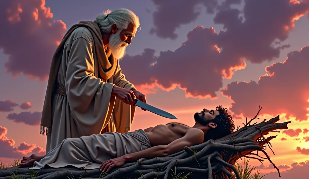"Create a digital artwork inspired by the scene of Abraham about to sacrifice his son Isaac. In this image, Isaac, a young man with a muscular build, lies on a wooden altar covered with sticks, his body partially covered with a cloth. His expression is calm and resigned, as he rests with his eyes closed. Abraham, an elderly man with a long beard and wearing a robe, stands above Isaac with a knife in hand, his face showing deep sorrow and determination. The background features a dramatic sky with hues of purple and orange, reflecting a sunset. The scene should capture the emotional gravity of the moment, emphasizing the detailed textures of the figures' clothing, the wood, and the subtle play of light and shadow in a digital art style."