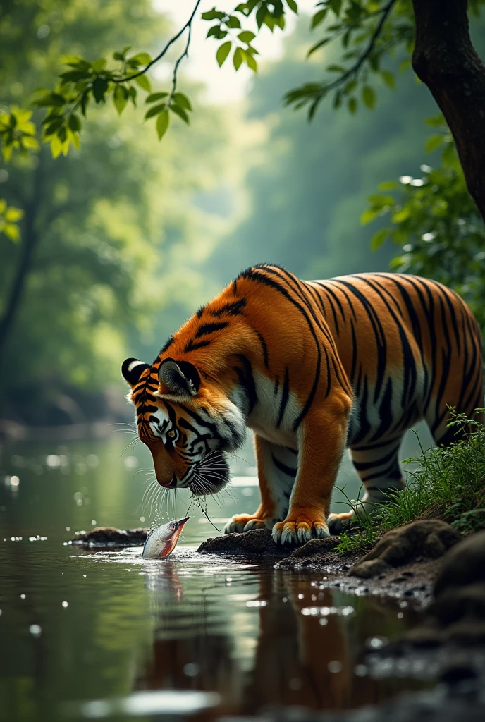 Tiger eating a fish in river middle of the jungle 