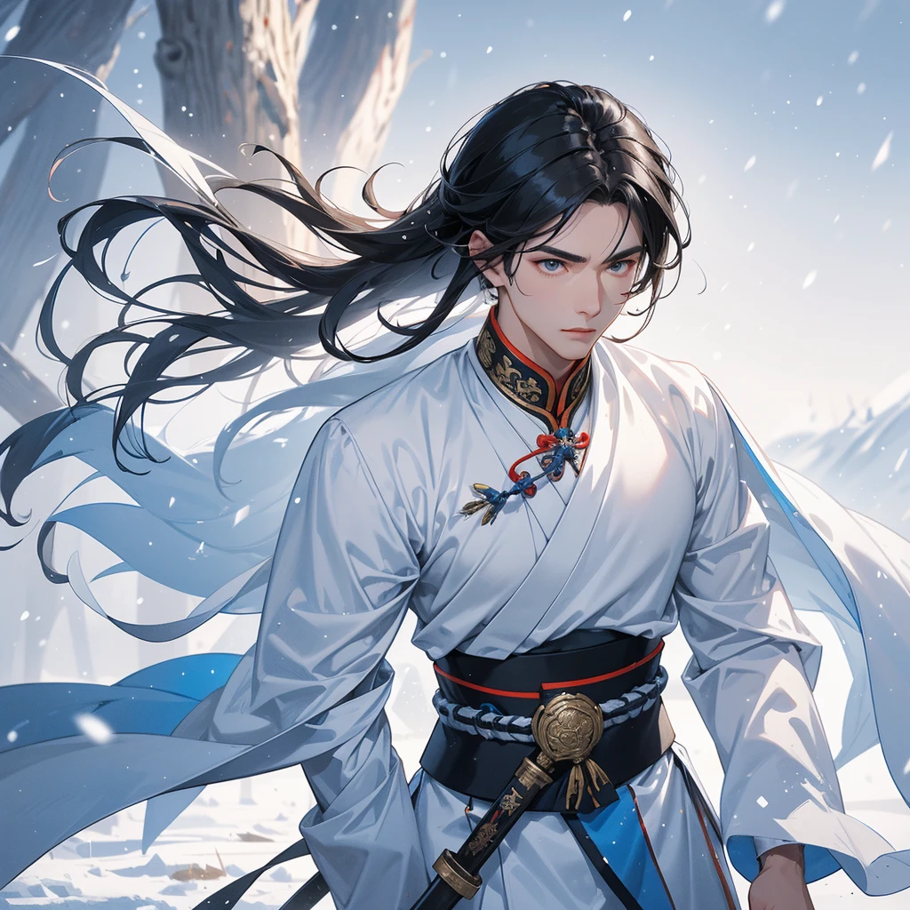 Handsome black-haired male general holding a large sword in blue ancient Chinese general costume, walking In the middle of a snowstorm, white snow is falling, The sun shines and the sun rises. close up, In the middle of a snowstorm, it is white. The trees are covered in white snow. The snow is falling.
