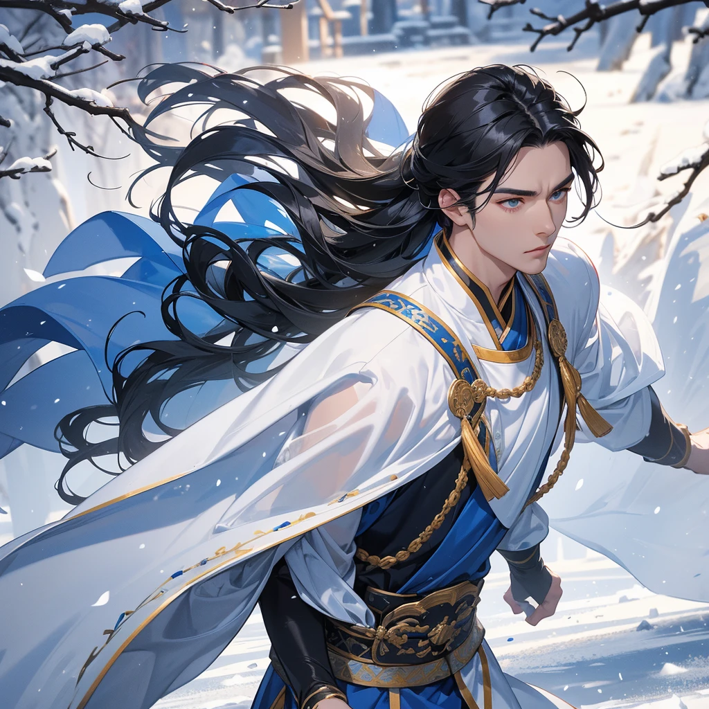Handsome black-haired male general holding a large sword in blue ancient Chinese general costume, walking In the middle of a snowstorm, white snow is falling, The sun shines and the sun rises. close up, In the middle of a snowstorm, it is white. The trees are covered in white snow. The snow is falling.