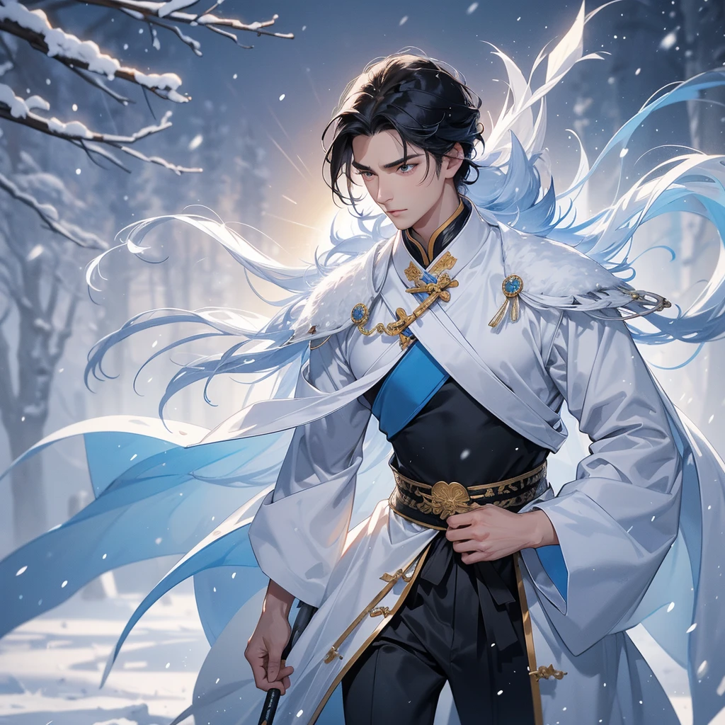 Handsome black-haired male general holding a large sword in blue ancient Chinese general costume, walking In the middle of a snowstorm, white snow is falling, The sun shines and the sun rises. close up, In the middle of a snowstorm, it is white. The trees are covered in white snow. The snow is falling.