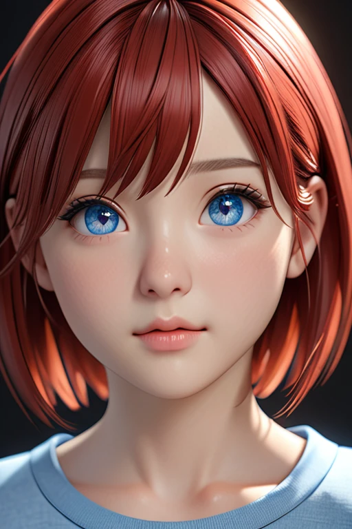a girl with short cooper red hair and blue eyes wearing a shirt, short straight hair, realistic anime 3 d style, 8k high quality detailed art, anime styled 3d, deviantart artstation cgscosiety, 3 d anime realistic, kawaii realistic portrait, realistic hair, smooth anime cg art, photorealistic anime girl render, render of a cute 3d anime girl