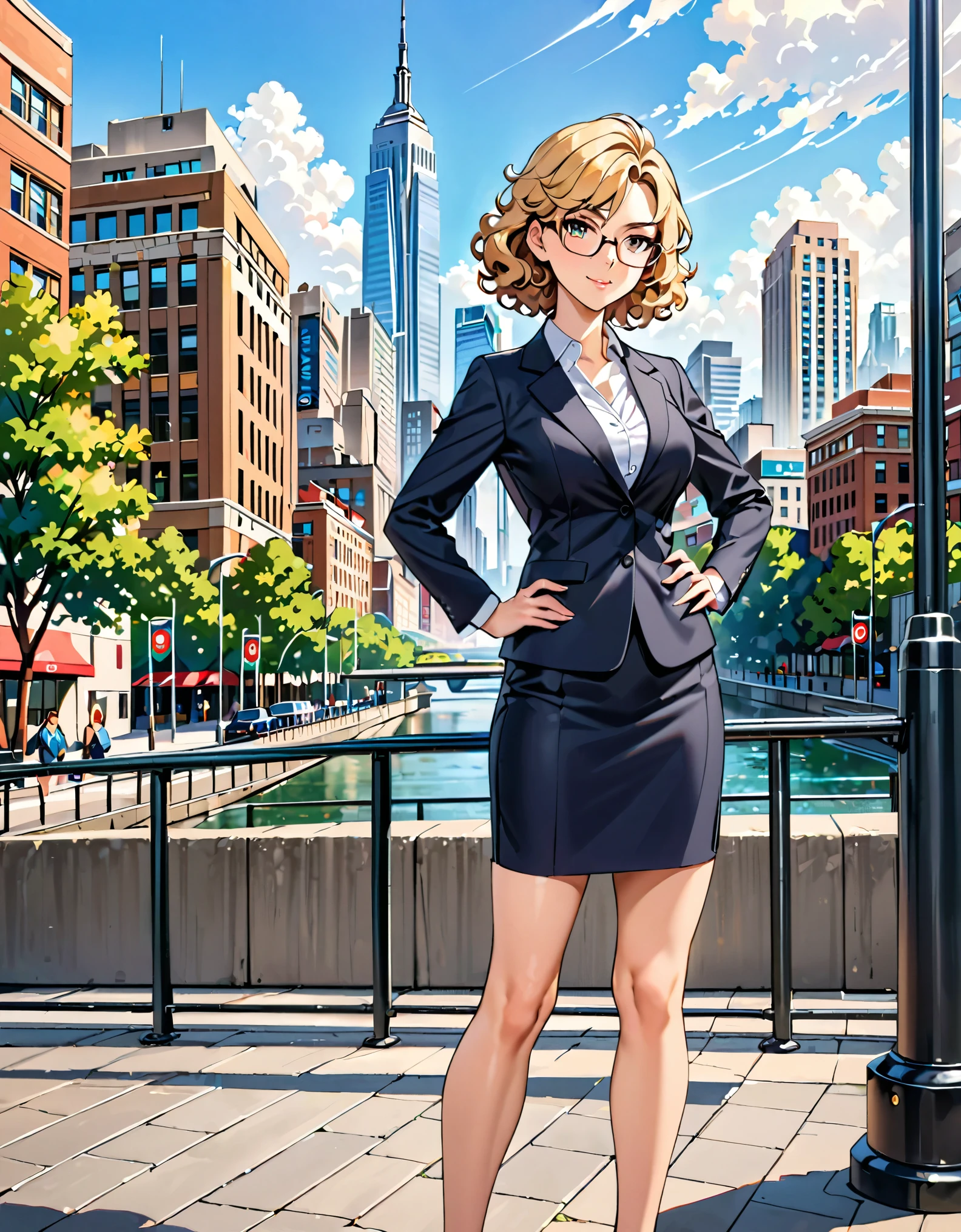 masterpiece, best quality, hires, 1girl, medium breasts, suit, skirt, pencil skirt, bare legs, glasses, black shoes, city backdrop, solo, single, hands on hip, standing, full body shot, cowboy shot, beautiful detailed eyes, beautiful detailed face, (blonde hair, (short hair, wavy hair)), high school backdrop, outdoors, mature lady, teacher, perfect body, good proportions