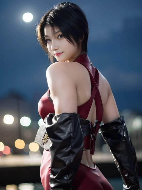 20 year old Japanese beauty,One woman、Muscular body like a bodybuilder、Emphasize the breasts、Slit eyes、A head-to-toe view,Bust is very very large、Full moon night in the background、High quality photos、Clear, crisp images of the lower body、Masterpiece 8k、Smiling、Throwing a shuriken with the right hand、From the front, from the side, from the back, etc.々from what camera angle to shoot、A ninja costume of purplish-red color