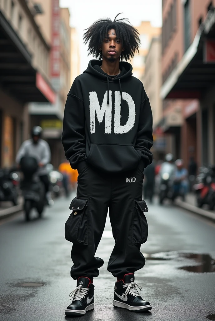 Creates an image very similar to Mr..Raging with black and white colors
In the streetwear style, with sweater written MD in graffiti, cargo pants with multiple pockets and high-top sneakers like the Jordan 4 The character is thin, with medium curly hair, porous and very voluminous; your eyes are white, pupil-less and half-closed, with goatee and cut on the right eyebrow