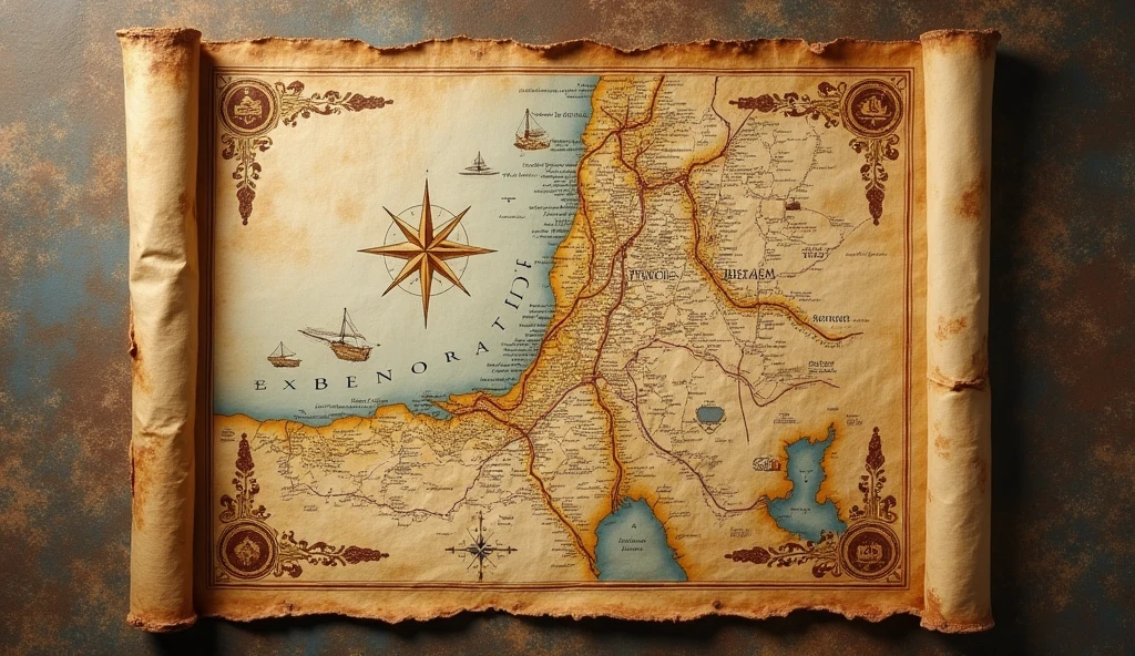 An ancient map of Judea, with marked routes indicating the movements of Pilate and the trajectory of important events. The colors are faded, with shades of brown and gold.
