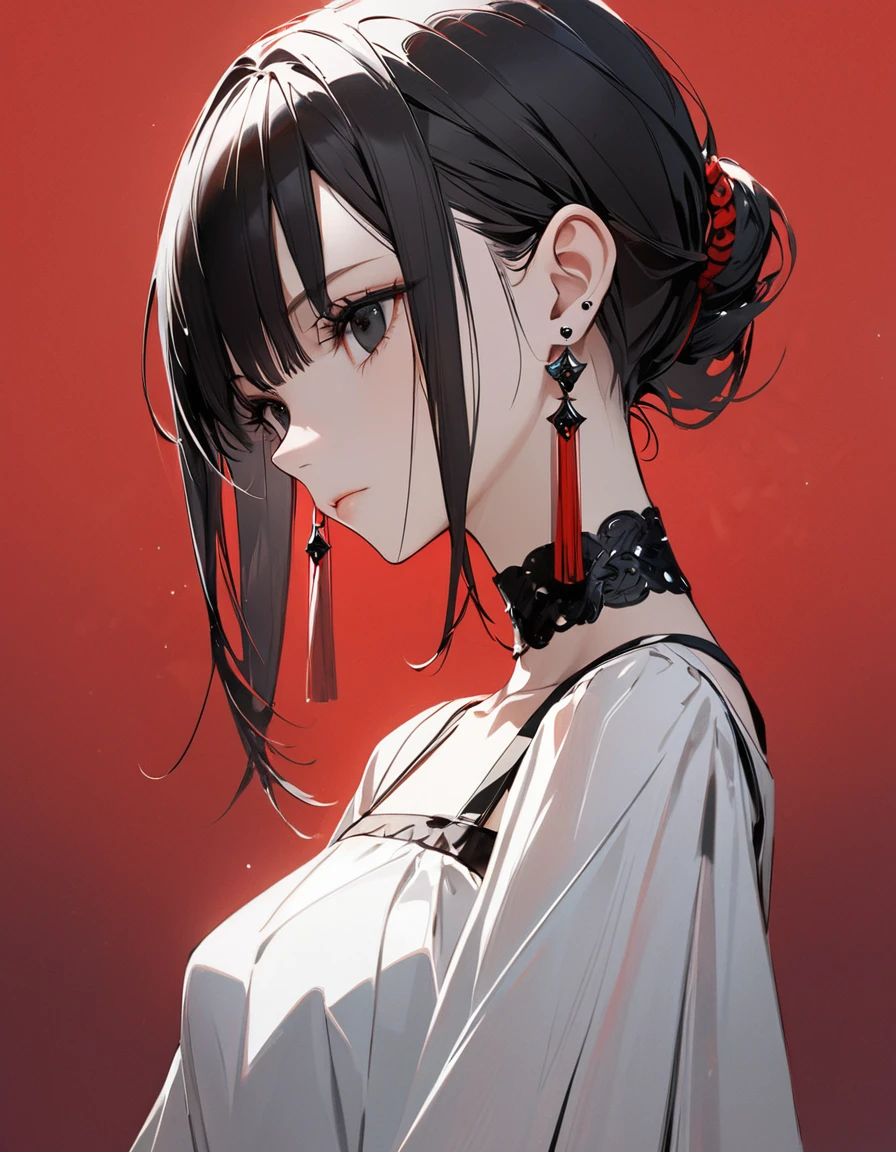 best quality, beautiful, hair tie, 8K, expressionless, side body, head tilt look view, black eyes, slim, dress, earrings, choker, concept, red background