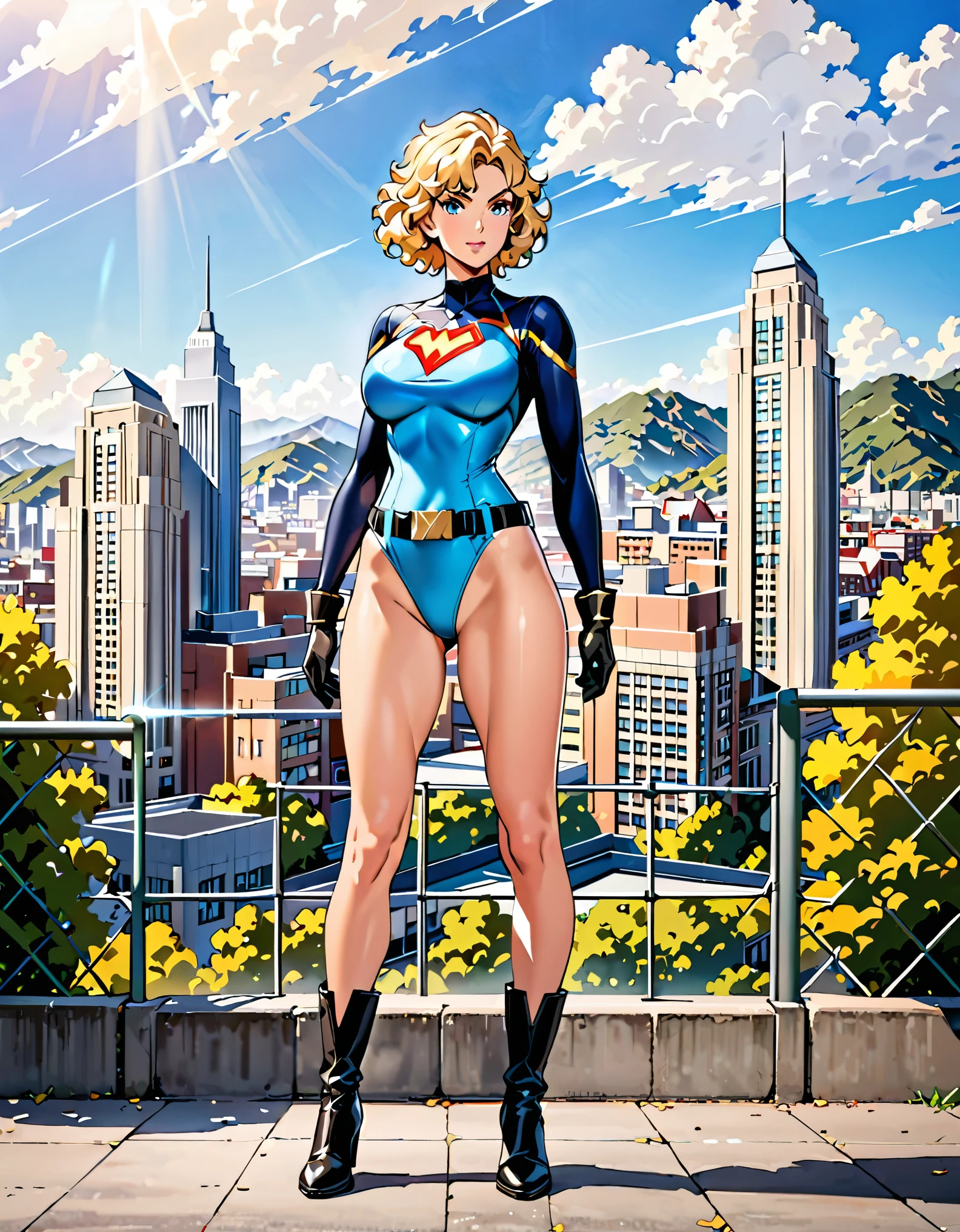 masterpiece, best quality, hires, 1girl, medium breasts, ((leotard, light blue leotard)), long sleeves, (lighting bolt /(emblem on chest/), (bare legs), ((fastened tight belt)), black boots, matching boots, ankle boots, black gloves, wrist-length gloves, city backdrop, solo, single, standing, full body shot, cowboy shot, superhero, beautiful detailed eyes, beautiful detailed face, blonde hair, (short hair), wavy hair, high school backdrop, outdoors, mature lady, teacher, perfect body, good proportions