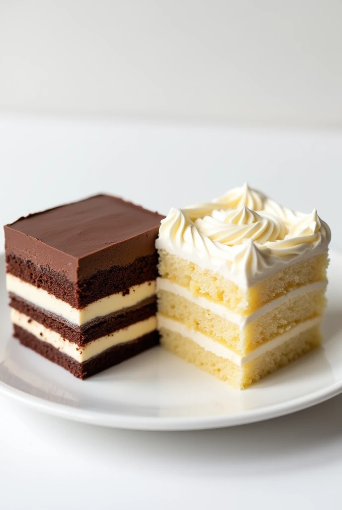 close up,Two square layered cakes in a dish,White and brown interlaced,Background white