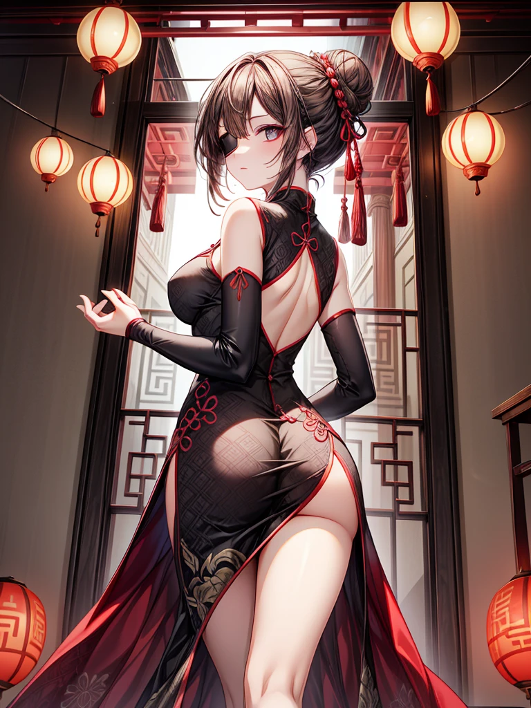 "Create an image of a one-eyed girl wearing a traditional cheongsam. The cheongsam is beautifully embroidered with intricate patterns, hugging her slender figure and accentuating her elegance. The dress has a high collar and slits on the sides, revealing just a hint of her legs. Her single visible eye is captivating, with a deep, soulful gaze that draws you in. The other eye is covered by an ornate eye patch, which is decorated with delicate designs that match her dress. Her hair is styled elegantly, either in a sleek bun or cascading in soft waves down her back, with a few loose strands framing her face. She stands with poise and grace, her expression calm yet enigmatic. The background is a subtle, traditional Chinese setting, with elements like lanterns or a folding screen that complement her attire and enhance the overall atmosphere."