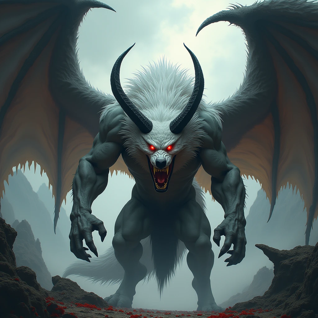 a very tall demon with lion head and goat horns and bat wings standing in two feet human pose, stern expression, glowing red eyes, dark fur, goat feet, celestial, muscular frame, a great sword plug on the ground infront of him, detailed facial features, highly detailed, photorealistic, light and shadow contract, dramatic lighting, fantasy, surreal, dark, moody, thunder sky background, water reflection the ground, skulls on the ground