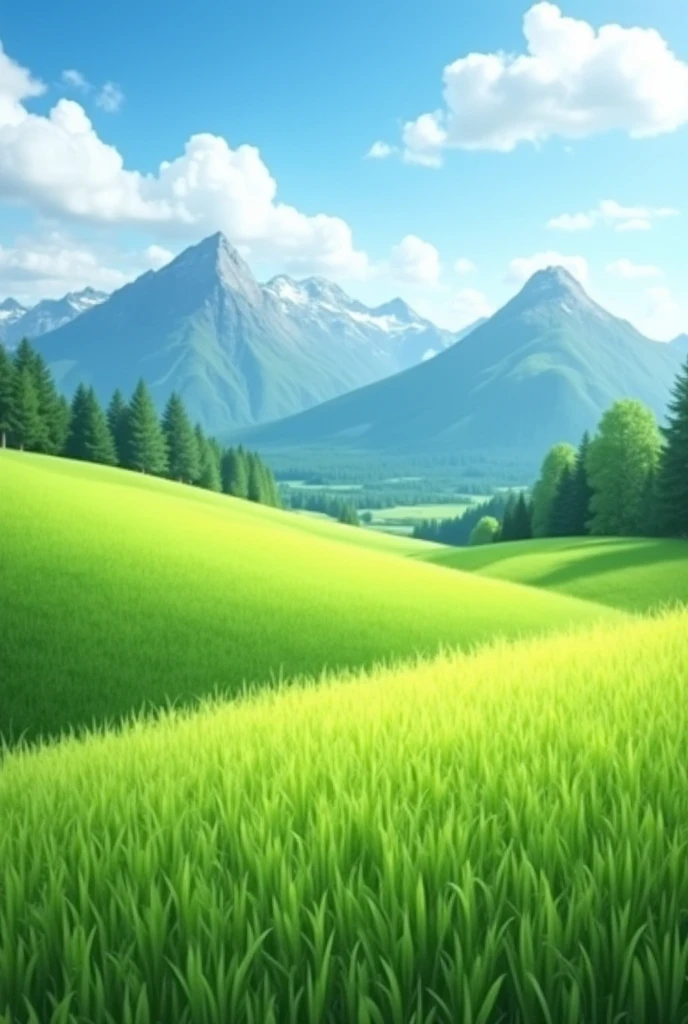 background field with short grass, blue sky with clouds, forest and mountains on the horizon
