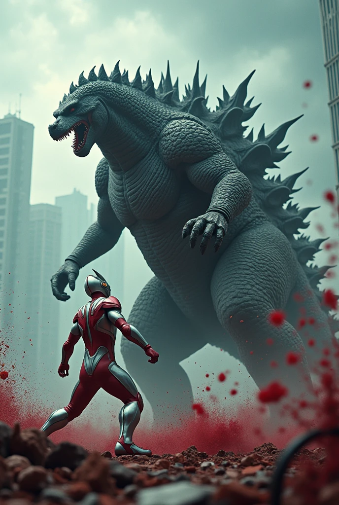 ultraman fighting godzilla,godzilla mouth splitting two,ultraman killing godzilla,epic punch,epic fight,blood splash effect,tilt shift photography,high quality,8k,hyper detailed,cinematic,dynamic lighting,dramatic angles,highly detailed,cinematic rendering,photorealistic,studio lighting,vivid colors,4k,best quality,masterpiece