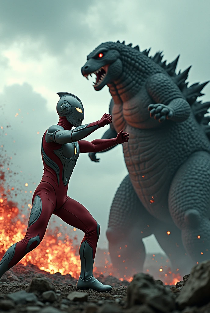 ultraman fighting godzilla,godzilla mouth splitting two,ultraman killing godzilla,epic punch,epic fight,blood splash effect,tilt shift photography,high quality,8k,hyper detailed,cinematic,dynamic lighting,dramatic angles,highly detailed,cinematic rendering,photorealistic,studio lighting,vivid colors,4k,best quality,masterpiece
