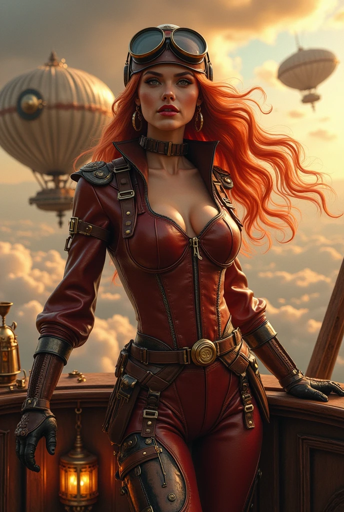 In a vast, steampunk air battlefield filled with intricate steampunk aerospacial machinery, a pretty young confident steampunk woman is seated at a steampunk zeppelin command bridge. She is wearing a shiny form-fitting soldier leather uniform. She has a mechanical prosthesis leg, foot and arm. She has a blowing long hair, red lips and also wears a leather helmet and steampunk googles. She should have a bigger larger chest.
