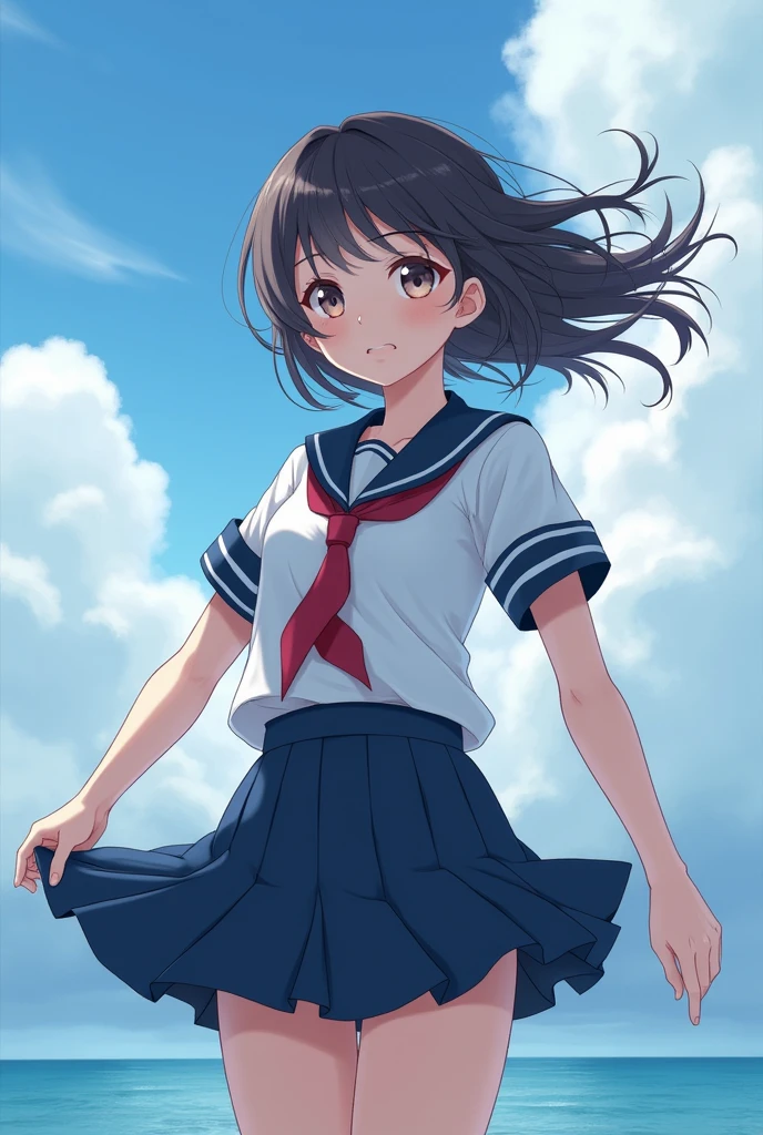 Tabletop, Highest quality, figure, Very detailed, In detail, High resolution, 8k wallpaper, Perfect Dynamic , (Browsing Caution:1.0)、Highest quality, masterpiece, 超High resolution, (Realistic:1.4), RAW Photos, (Pleated mini skirt:1.3), Dark Blue Skirt, The Face of Japan, , 13, Sea side, school uniform, beautiful, ((White shirt)), Short sleeve, cute, smile, Flying tie, Huge Pillar of Clouds, Strong wind from below, Soaring skirt, Visible white panties, jump off , Are standing, Panty shot, (Browsing Caution)、 (A femboy in see-through panties)、A strong wind blows from below and flips up my skirt、(((cuteパンティー、Panties that dig into the crack of her ass)))
Information Size 1272X2304 Date Aug 16, 2024 mode default type