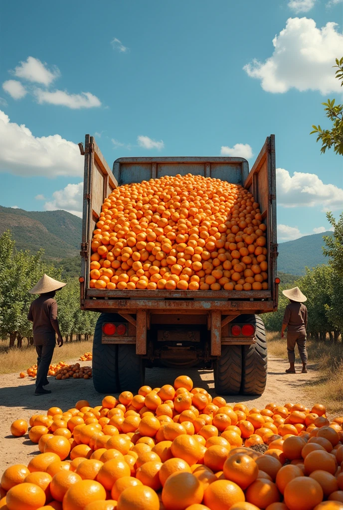 A big open truck with full of oranges