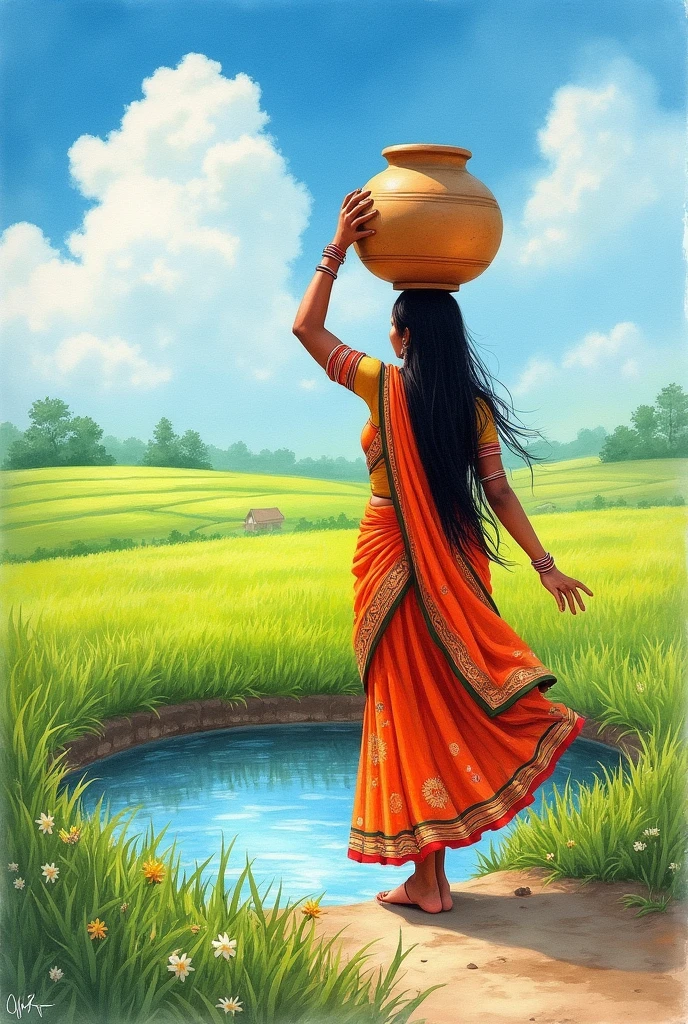 An Indian woman fetches water from her head watercolor painting theme wide shot