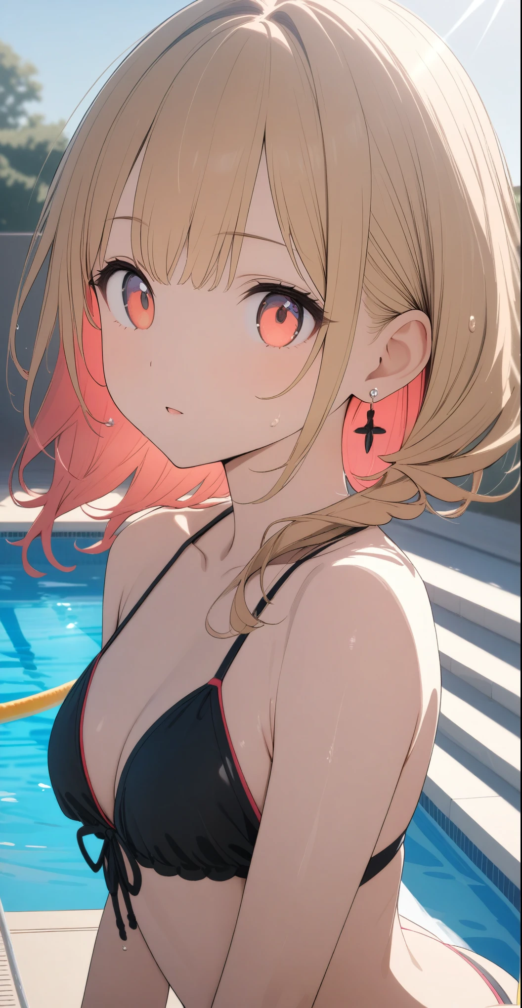 A very cute girl, ((Simple Earrings、Manicure、Sexy Swimwear、bikini))、(Golden hair color、Red pink inner color hairstyle), Beautiful Hair, Facial Contour, Remember, Pool, sunlight、splash, Lens flare,, Natural Color, High resolution, Very delicate, Very detailed, 8k,、(Shyness),((Sexual))、(Sexualな画角)