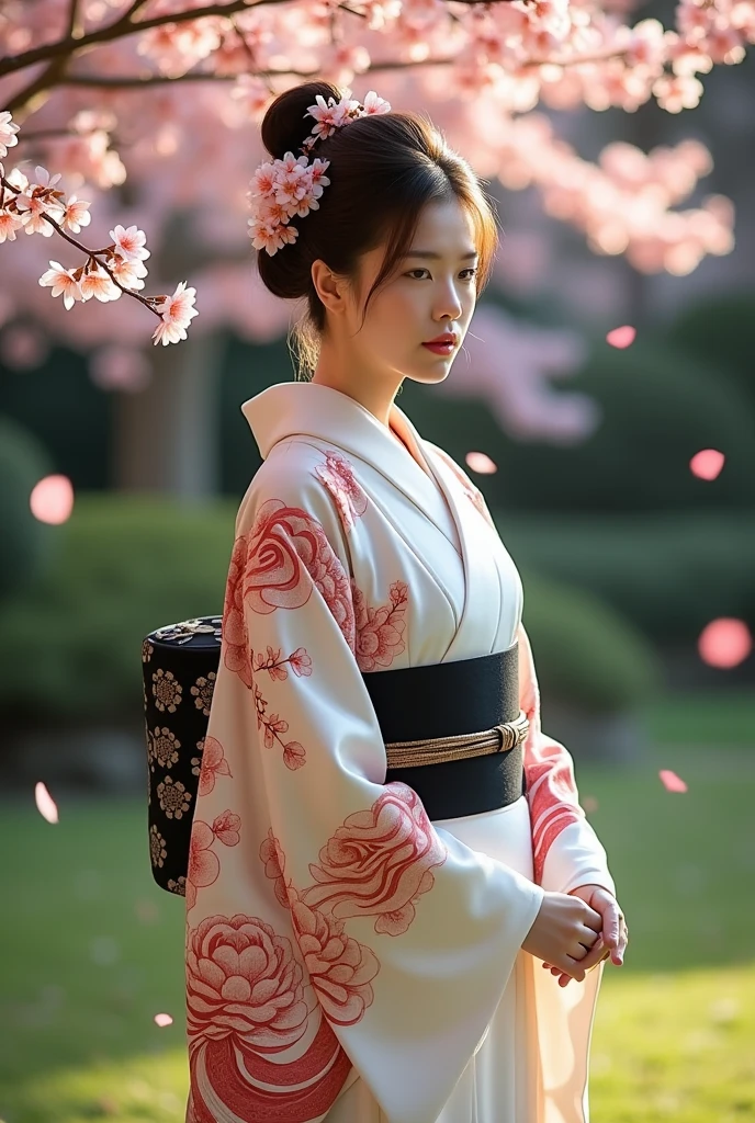a white furisode kimono wrapped underneath a black obi, paired with a colorful haori