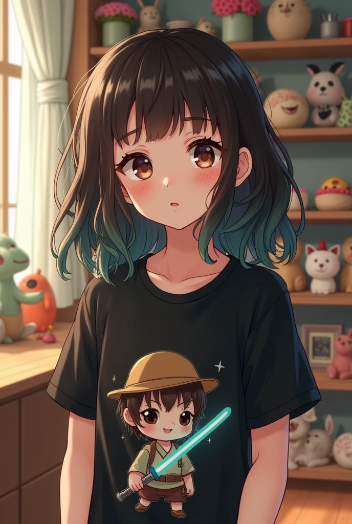 Create an image of a young girl with shoulder-length wavy hair, which is mostly dark brown with blue-green highlights. He has a light complexion, pink cheeks, and wear light makeup with a touch of soft blush and subtle eyeliner. His expression is calm and slightly playful.. He is wearing a short black t-shirt with an illustration of a character wearing a hat and carrying a lightsaber., Combining traditional elements with pop culture. The background of the image is a cozy room with pastel-colored shelves displaying small figurines and decorations..