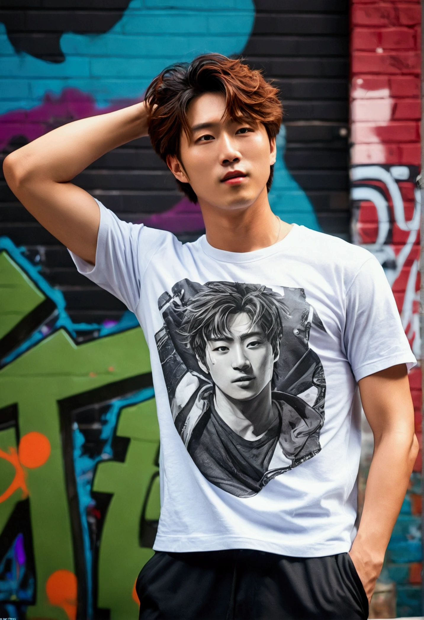 (best quality, ultra-detailed, realistic:1.37), sweaty armpit,renjun, male armpit hair, detailed facial features, intense expression, vibrant lighting, outdoor scenery, t-shirt, summer, casual style, short hair, messy look, natural pose, urban background, street art, graffiti, dynamic composition, strong contrast, energetic colors, youthful appearance. Very detailed private parts exposed, dick being suck d