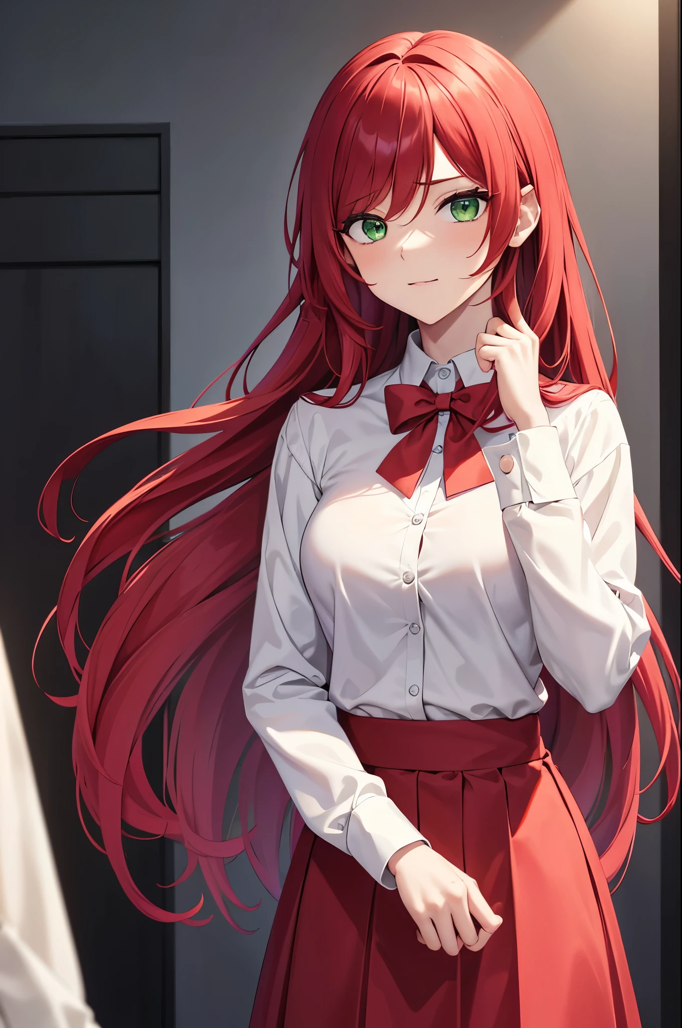 SimpleNegativeV3, an14, badhandv4,1girl, amy, long hair, red hair, green eyes, suit with long skirt, white shirt, 4K, 8k, 16k, HD, 1080P, best quality, high quality, super detail, anatomically correct, masterpiece