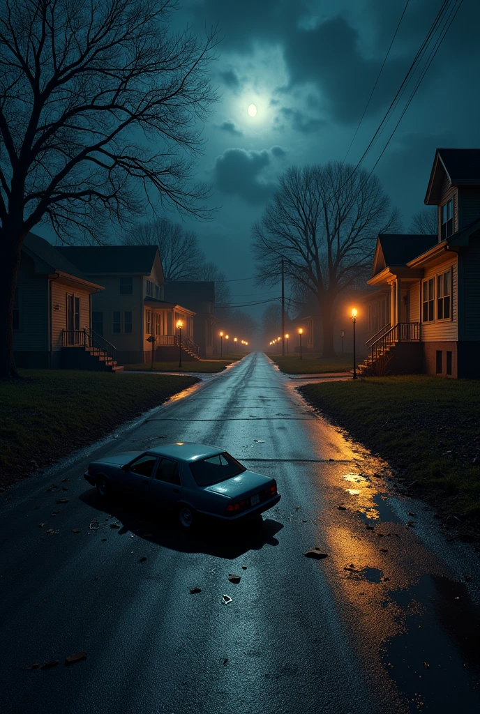 Creates a road with blood and broken glass, It&#39;s nighttime and there&#39;s an overturned car, There are several houses in the area, There are some candlesticks 