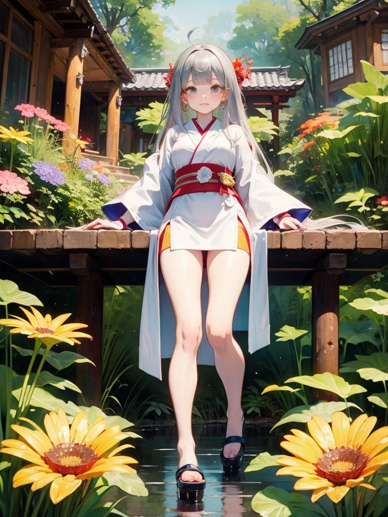 High definition、anime、A pure girl dressed in a shrine maiden's outfit、Flowers sprout from beneath your feet、１８age、Halfred with long silver hair、Full body portrait、Hide your feet、Do not show thighs、Wearing clogs、A long-sleeved miko outfit、Large eyes like opals、Powerful eyes、Dance dedicated to the gods