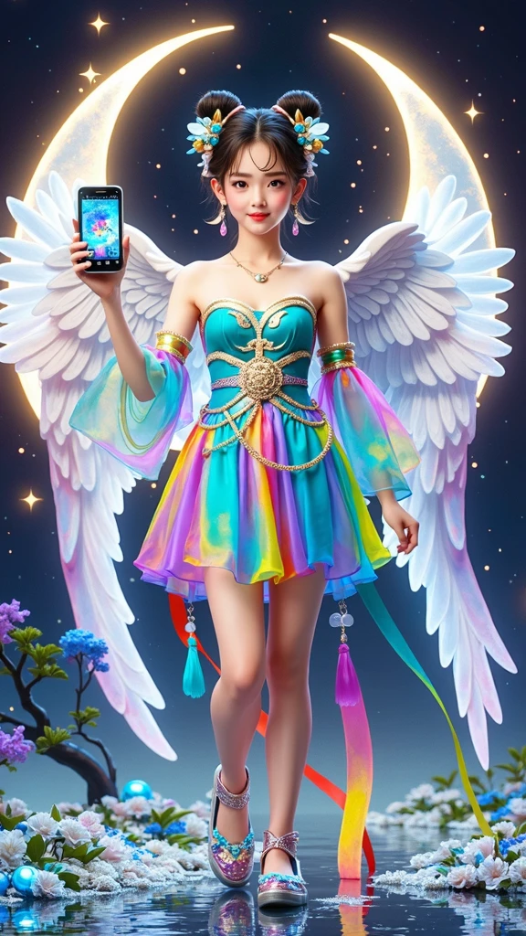 [Vision:1.0]，[Wide Angle:1.0]，Three-dimensional ancient style，Vibrant Chinese Aesthetics，Classical Girl with Angel Wings，Holding a cell phone in his hand，(whole body:1.4)，Vibrant colors，Sparkling clothing，Embraces Flashing Stone Texture，semi-transparent crystal material shoes，iridescent gradient fluorescent ribbons，Exquisite，Light Wave，Tradition，Exquisite，Perfect composition，Ultra HD，Crescent earrings，Raise your eyebrows，Jade Phoenix Branch，Forehead Gem，(Look directly at the audience:15)，Surrealism，uhd，masterpiece，precise，Anatomically correct，Textured Skin，Super Detail，8k