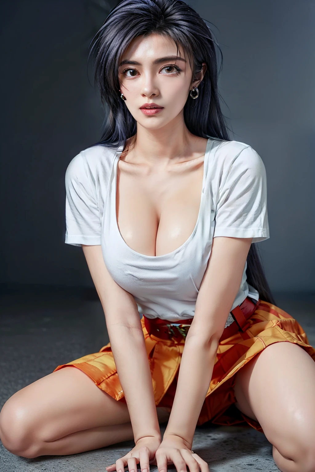 (RAW shooting, Photoreal:1.5, 8k, highest quality, masterpiece, ultra high resolution), perfect dynamic composition:1.2, Highly detailed skin and facial textures:1.2, 1girl, asian girl,Glamourous female, beautiful and aesthetic:1.2, Fair skin, (large breast:1.4, Chest gap:1.4),(perfect limbs:1.2), (perfect fingers:1.2),(tight white shirt, earrings,tight red mini skirt, short sleeves,shoes,long dark blue hair, belt,Mio Serizawa,perfect thigh,),(simple background:1),