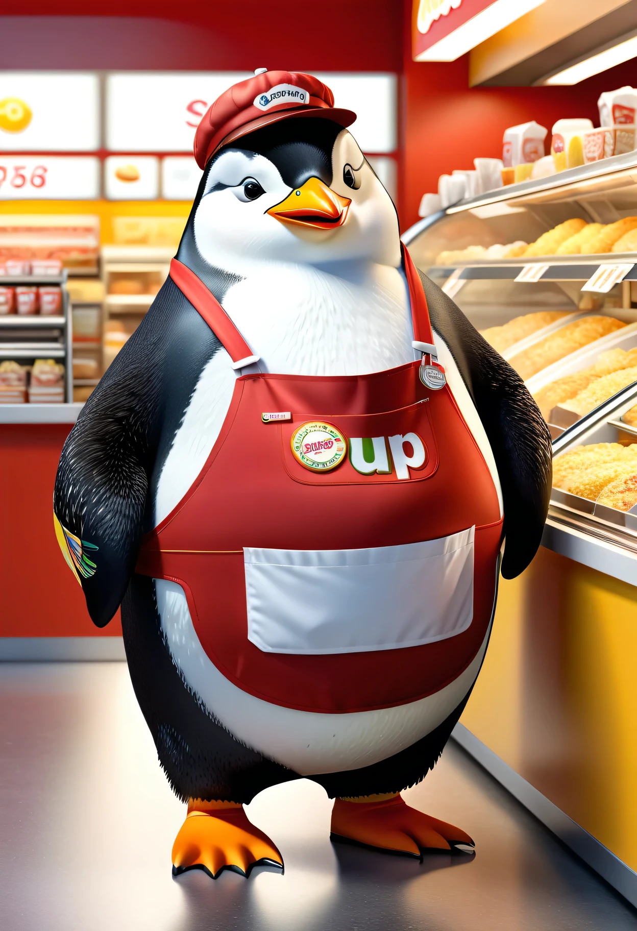 photorealistic portrait of Dressed animals-a ((fat)) (penguin) worker,(furry), (elegant pose:1.5), (hands on hips:1.5),(smile:1.5),high quality,(),(lovely) ,intricate details, Wearing fast food shop uniform , ( wearing apron and cap), highly detailed ((fast food shop uniform)) ,highly detailed pants sneaker and high sox , (happy), soft lighting,(full body image:2.0),in fast food shop background,,score_9, score_8_up, score_7_up, score_6_up, score_5_up, score_4_up,