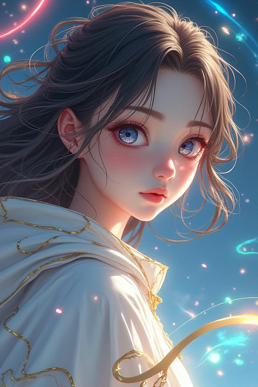 (masterpiece, Highest quality, Highest quality, Official Art, beautifully、aesthetic:1.2), (One person), Highly detailed eyes, (Fractal Art:1.3), colorful, Most detailed, (Perfect Face), Glowing Skin, High resolution, (White cloak, golden lines:1.2), Milky Way, (Streaks of Light), Impressive visuals, (Dynamic stripes, Light trail:1.2), Vibrant colors, (Phoenix), (Dragon)Anime Girl
