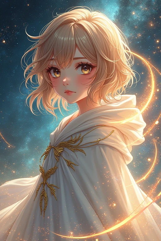 (masterpiece, Highest quality, Highest quality, Official Art, beautifully、aesthetic:1.2), (One person), Highly detailed eyes, (Fractal Art:1.3), colorful, Most detailed, (Perfect Face), Glowing Skin, High resolution, (White cloak, golden lines:1.2), Milky Way, (Streaks of Light), Impressive visuals, (Dynamic stripes, Light trail:1.2), Vibrant colors, (Phoenix), (Dragon)Anime Girl