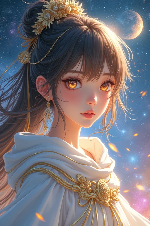 (masterpiece, Highest quality, Highest quality, Official Art, beautifully、aesthetic:1.2), (One person), Highly detailed eyes, (Fractal Art:1.3), colorful, Most detailed, (Perfect Face), Glowing Skin, High resolution, (White cloak, golden lines:1.2), Milky Way, (Streaks of Light), Impressive visuals, (Dynamic stripes, Light trail:1.2), Vibrant colors, (Phoenix), (Dragon)Anime Girl