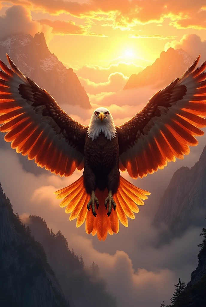 Photorealism eagle wings spread with fire look on front