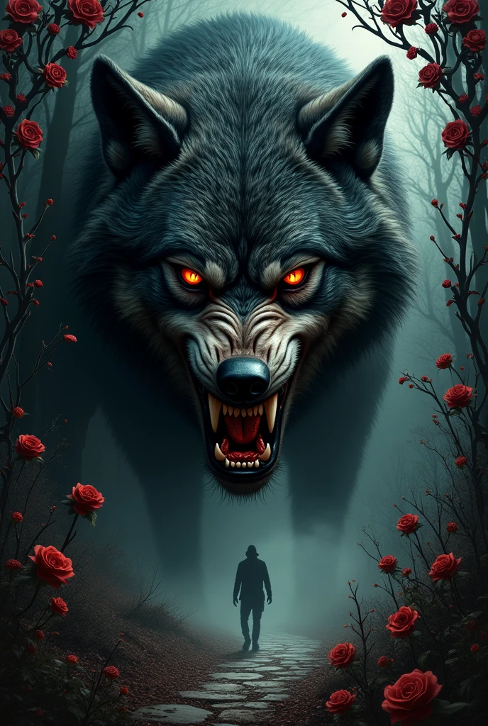 A striking image of a fierce, menacing werewolf with a blood-streaked face, surrounded by ornate, Gothic-inspired floral and scrollwork patterns. The werewolf's piercing eyes and sharp teeth are highlighted by dramatic lighting, casting deep shadows and creating an intense, terrifying expression. In the background, a dark, misty forest adds to the eerie atmosphere, with a lone, shadowy figure walking down a foggy path. The intricate details of the werewolf's fur and the floral patterns create a rich, textured visual experience.
BREAK
((UHD:1.5)), ((4K:1.5)), ((highres:1.5)), ((best quality:1.6)), ((high details:1.5)), ((masterpiece:1.6)), ((photorealistic:1.5)), ((perfect anatomy:1.5))
BREAK
anamorphic art style by Alphonse Mucha, Greg Rutkowski, Artgerm, and Loish, blending Gothic elements with dramatic horror aesthetics.
BREAK
Camera angle: close-up on the werewolf's face
BREAK
Lens: macro lens
BREAK
Lighting: chiaroscuro with dramatic backlighting to enhance the menacing features and deep shadows.
BREAK
Textures: the rough, matted fur of the werewolf, the smooth and intricate floral scrollwork, and the misty, eerie texture of the forest background.