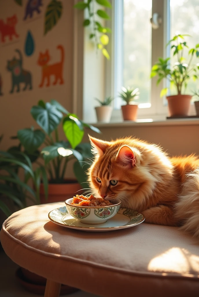 A cat having lunch at a cat cafe