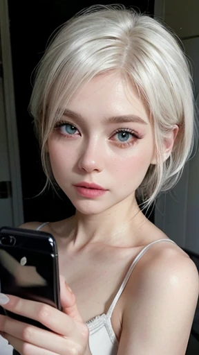Create a white woman, with white hair, taking a photo in lingerie with their cell phone, with a blur on their eyes without obscuring part of their mouth