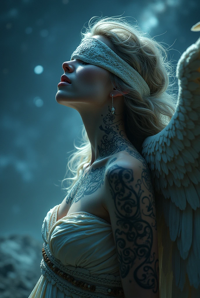 ((High definition, Masterpiece, 8k, Digital Photography, Digital Art)), ((Dark illumination)), contrast, white illumination, A gorgeous angel who is the embodiment of Virgo, sexy face, (blindfolded), pale skin, tattoos, ((Looking at viewer)), stars at the sky, sitting on the top of an ancient tower