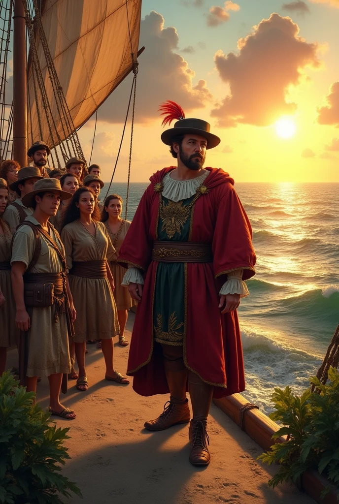 Christopher Columbus and his crew disembarking from the ship in America